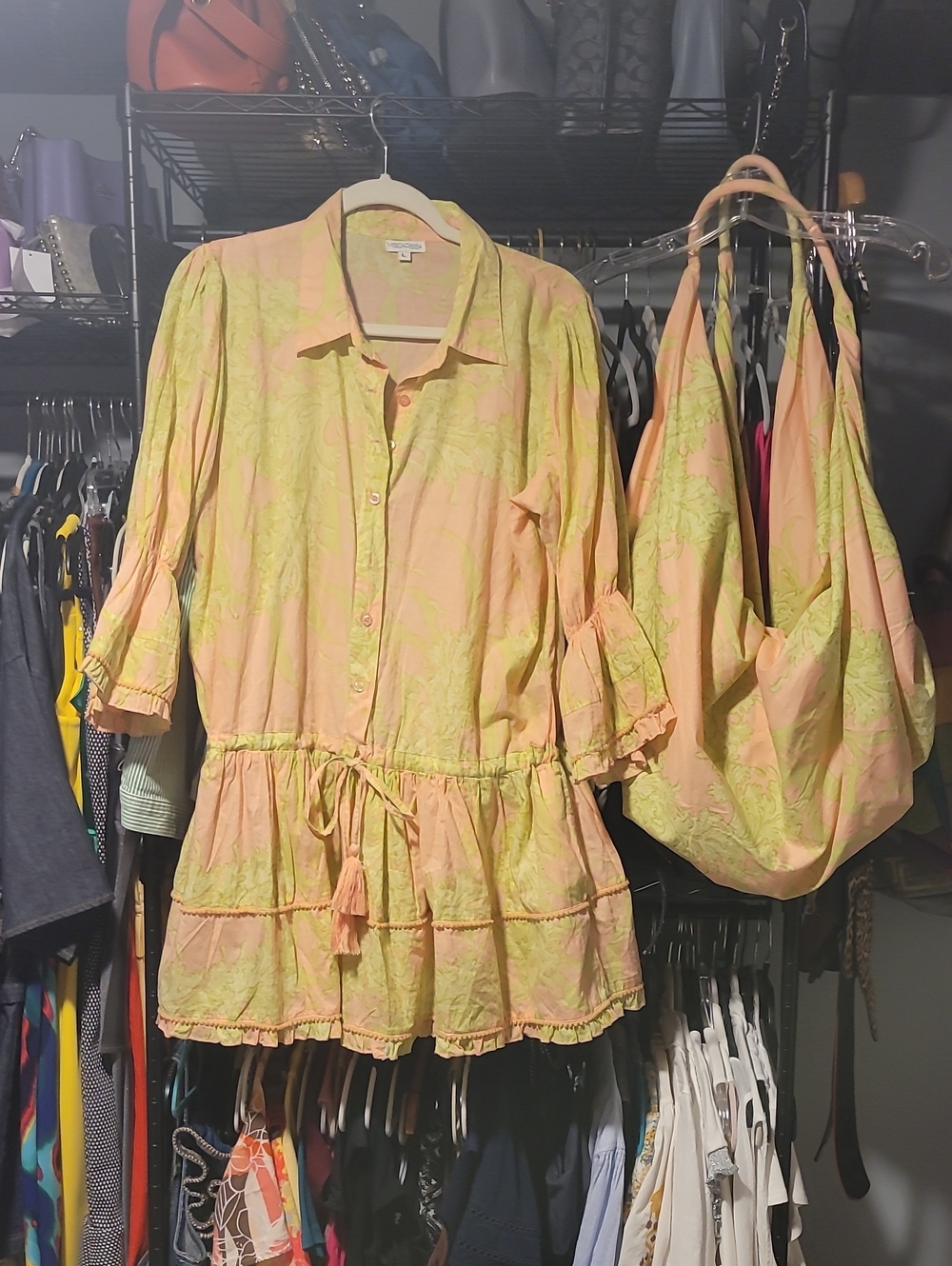 Moda Posa Lightweight Peach & Lime Floral Shirt Dress with Waist Tie .
